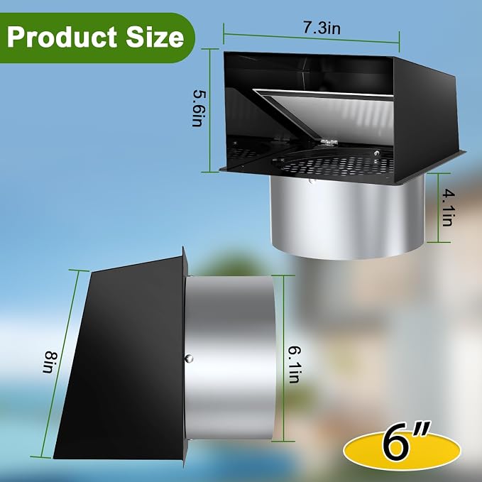 6 Inch Hooded Wall Vent, Dryer Wall Vent Cover Outside with Screen and Damper, Wall Exhaust Vent Cover, Outdoor Air Vent Cap