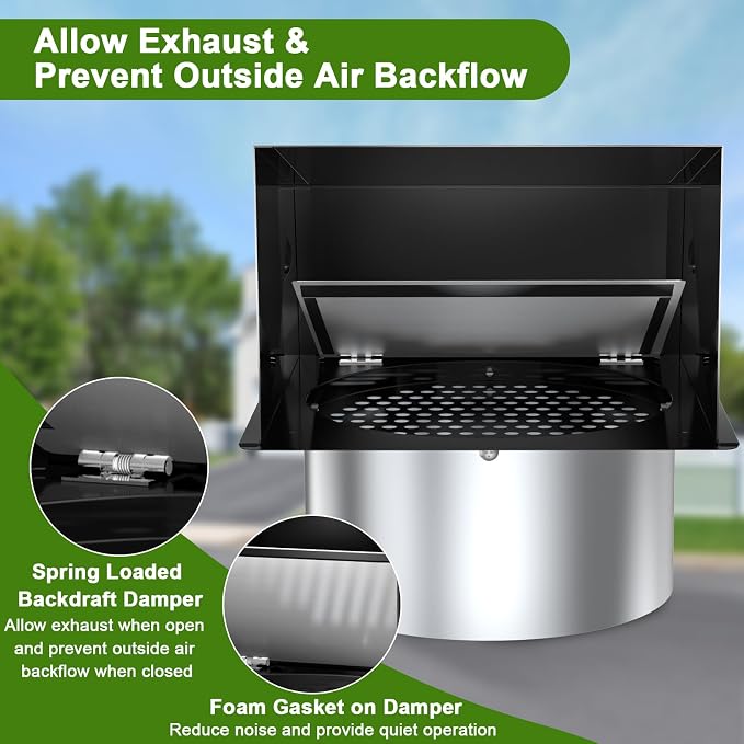 6 Inch Hooded Wall Vent, Dryer Wall Vent Cover Outside with Screen and Damper, Wall Exhaust Vent Cover, Outdoor Air Vent Cap