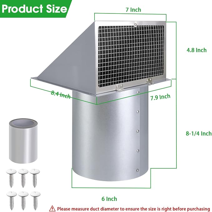 6 Inch Hooded Wall Vent with Screen and Damper,6 Inch Exhaust Vent Cover Cap for Outdoor Kitchen Range Hood Dryer