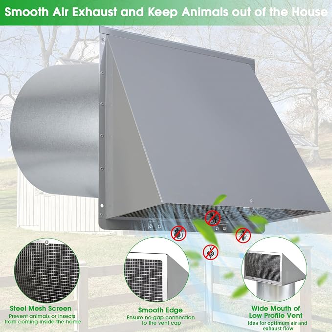 6 Inch Hooded Wall Vent with Screen and Damper,6 Inch Exhaust Vent Cover Cap for Outdoor Kitchen Range Hood Dryer