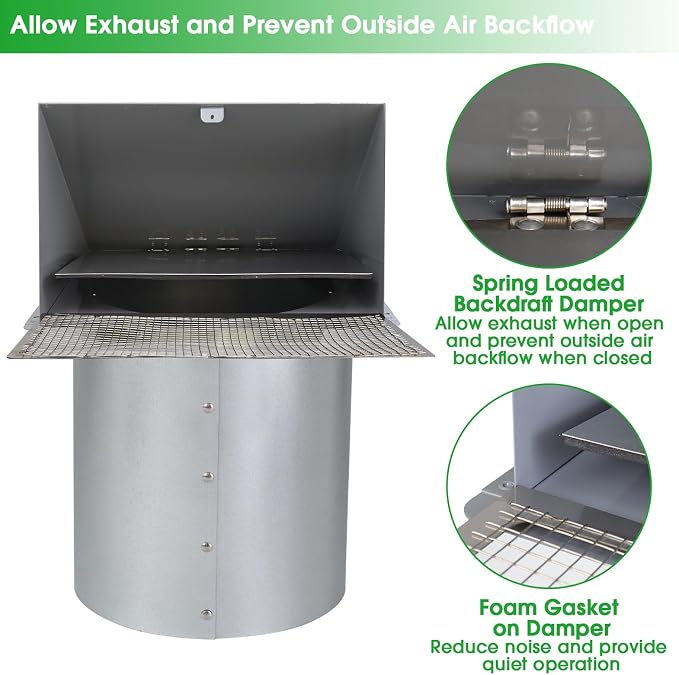 6 Inch Hooded Wall Vent with Screen and Damper,6 Inch Exhaust Vent Cover Cap for Outdoor Kitchen Range Hood Dryer