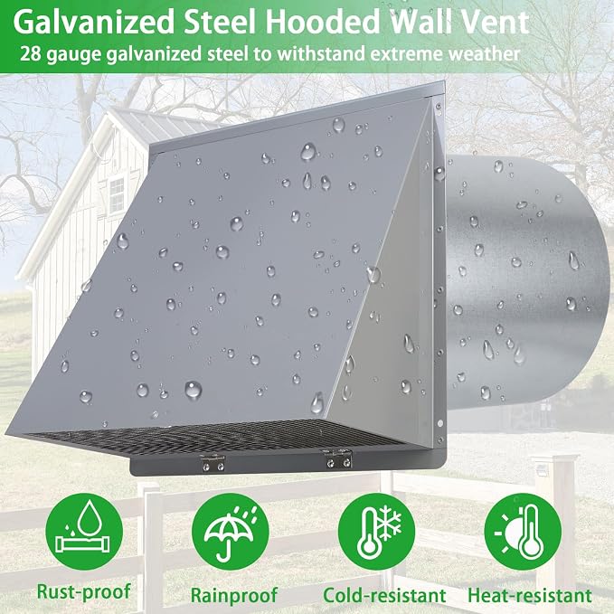 6 Inch Hooded Wall Vent with Screen and Damper,6 Inch Exhaust Vent Cover Cap for Outdoor Kitchen Range Hood Dryer