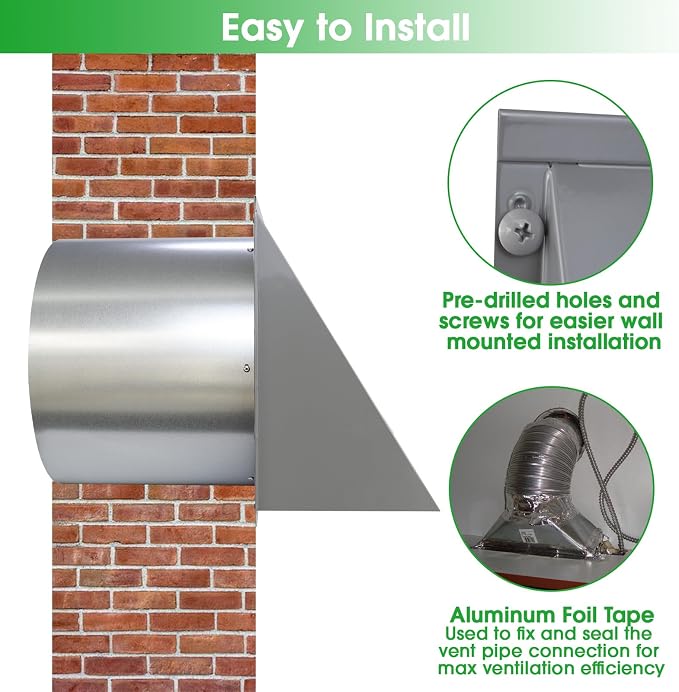 6 Inch Hooded Wall Vent with Screen and Damper,6 Inch Exhaust Vent Cover Cap for Outdoor Kitchen Range Hood Dryer