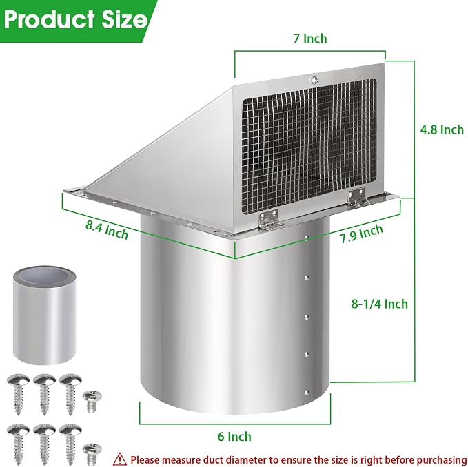 6 Inch Hooded Wall Vent with Screen and Damper,6 Inch Exhaust Vent Cover Cap for Outdoor Kitchen Range Hood Dryer