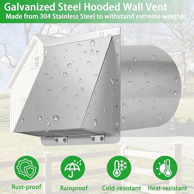 6 Inch Hooded Wall Vent with Screen and Damper,6 Inch Exhaust Vent Cover Cap for Outdoor Kitchen Range Hood Dryer