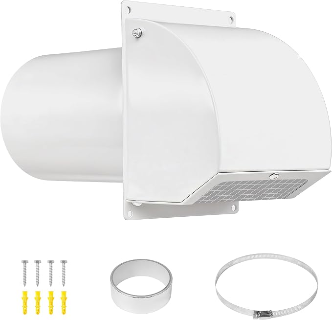 6 Inch Hooded Wall Vent with Screen, Damper, 8-1/4" Length Duct, 14 Gauge Steel Vent Covers for Wall, Wall Vent