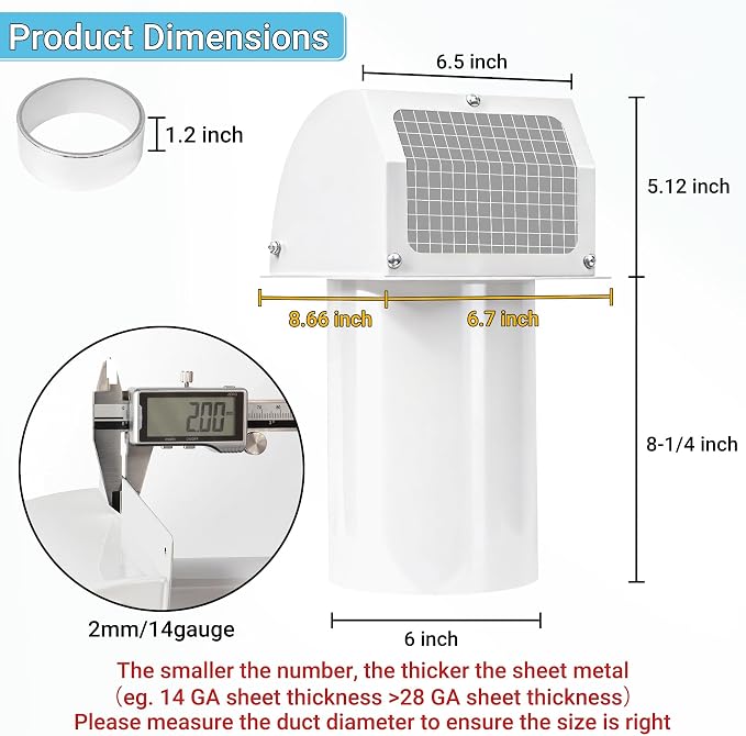6 Inch Hooded Wall Vent with Screen, Damper, 8-1/4" Length Duct, 14 Gauge Steel Vent Covers for Wall, Wall Vent, alternate