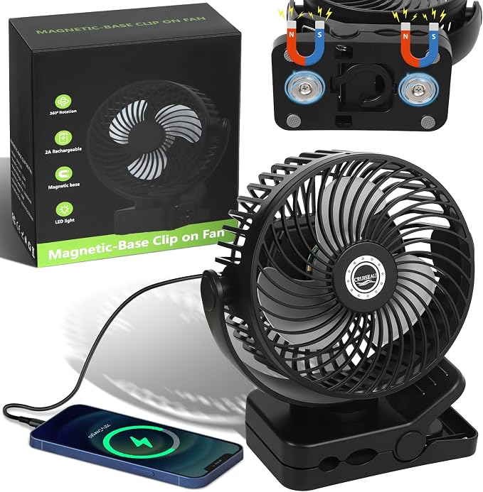 6 inch Magnetic Cruise Fan with 12000mAh Rechargeable Battery, 3-Speed Control, LED Light, Timer, Clip & Power Output