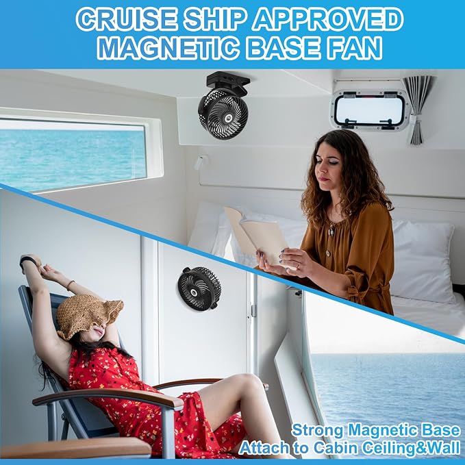 6 inch Magnetic Cruise Fan with 12000mAh Rechargeable Battery, 3-Speed Control, LED Light, Timer, Clip & Power Output