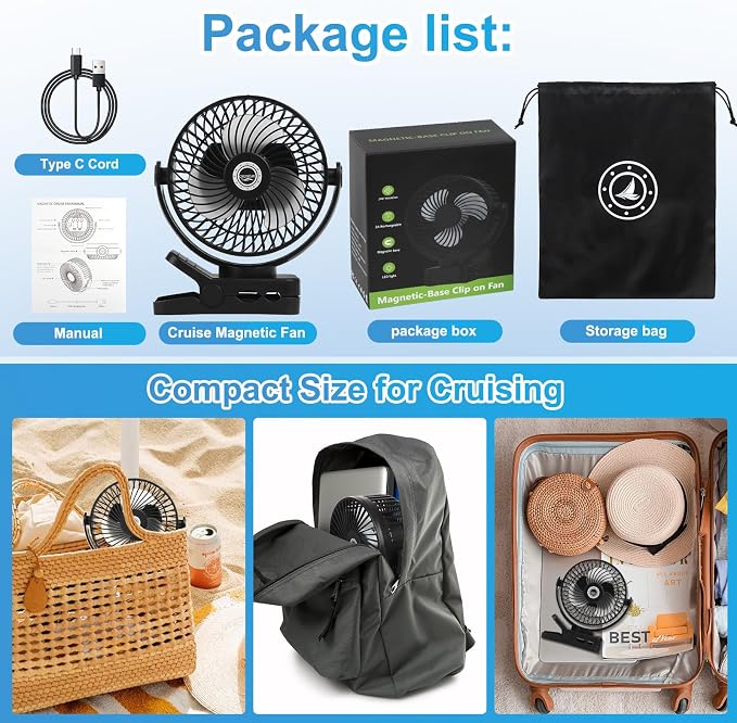 6 inch Magnetic Cruise Fan with 12000mAh Rechargeable Battery, 3-Speed Control, LED Light, Timer, Clip & Power Output