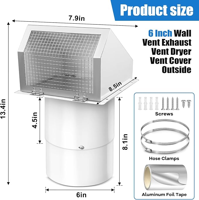 6 Inch Microwave Vent Cover Outdoor Hooded Wall Vent Range Hood Wall Exhaust Vent Cover for Kitchen, Garage, Fits 6’’ Round