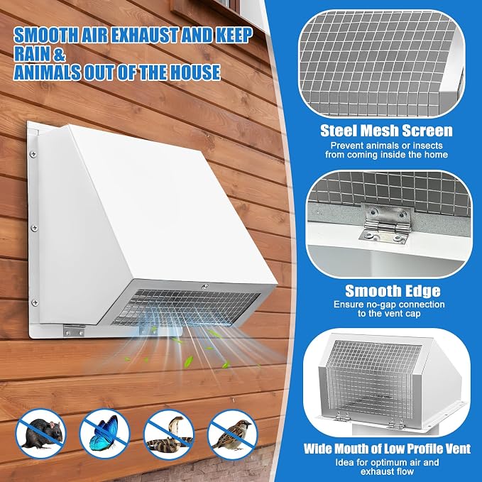 6 Inch Microwave Vent Cover Outdoor Hooded Wall Vent Range Hood Wall Exhaust Vent Cover for Kitchen, Garage, Fits 6’’ Round