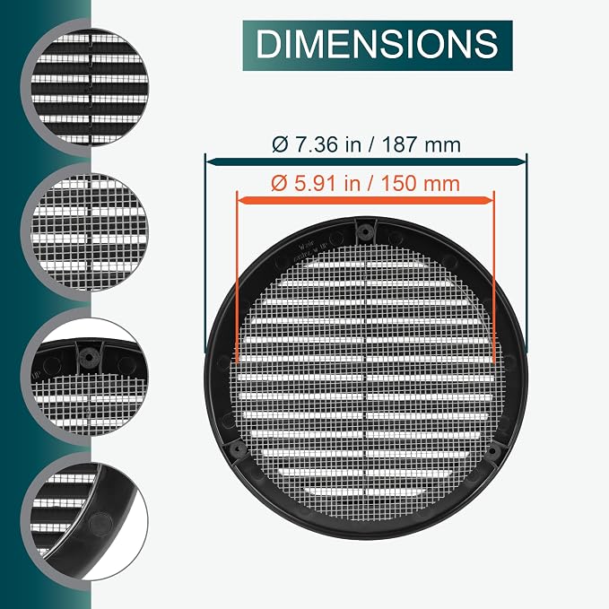 6" Inch Opening Diameter / Black Round Vent External Grille with Protective Mesh - Lightweight Plastic Register / Cover