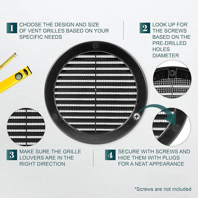 6" Inch Opening Diameter / Black Round Vent External Grille with Protective Mesh - Lightweight Plastic Register / Cover