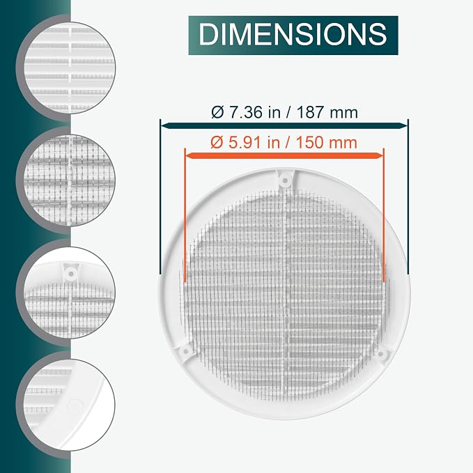 6" Inch Opening Diameter / White Round Vent External Grille with Protective Mesh - Lightweight Plastic Register / Cover