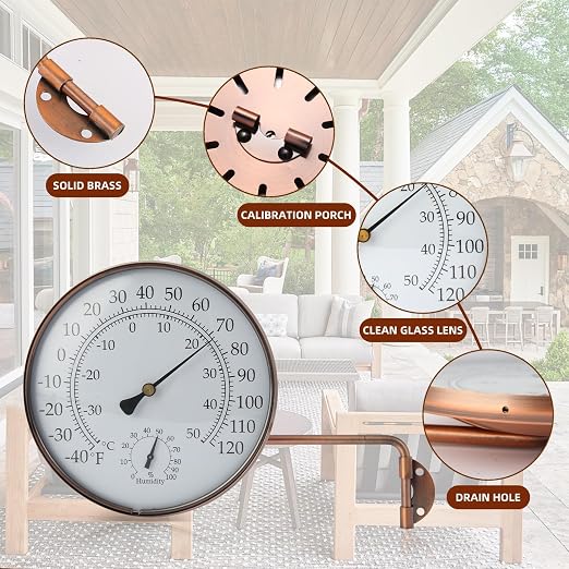 6-Inch Outdoor Thermometer for Patio. Accurate Window Thermometer for Outside Temperature, Greenhouse, Garage.Solid Brass