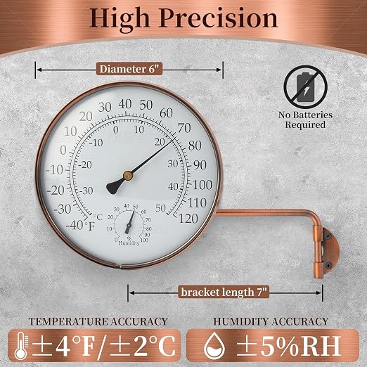 6-Inch Outdoor Thermometer for Patio. Accurate Window Thermometer for Outside Temperature, Greenhouse, Garage.Solid Brass