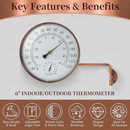6-Inch Outdoor Thermometer for Patio. Accurate Window Thermometer for Outside Temperature, Greenhouse, Garage.Solid Brass