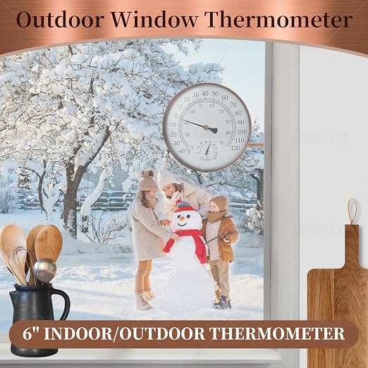 6-Inch Outdoor Thermometer for Patio. Accurate Window Thermometer for Outside Temperature, Greenhouse, Garage.Solid Brass