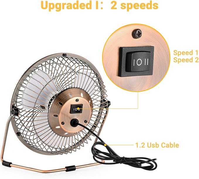 6 Inch USB Desk Fan, 360°Rotation Small and Quiet,Powerful Portable Strong Airflow,Mini Metal Personal Cooling Fan with 2