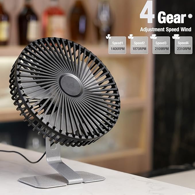 6 inch USB Small Desk Fan, 4 Speeds, Ultra-quiet, 90° Adjustment for Better Cooling, Portable Mini Powerful Desktop Table