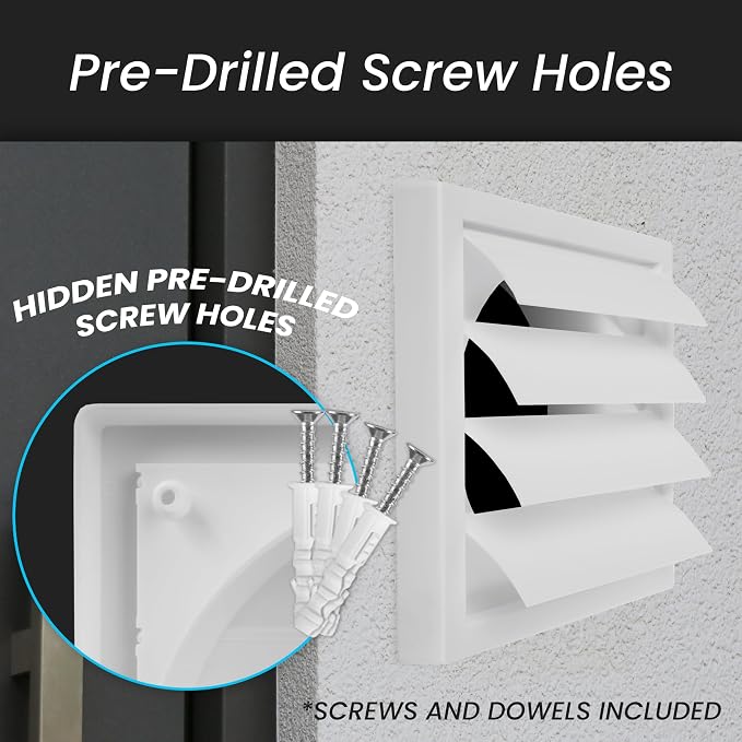 6 Inch Vent Cover - White Plastic Shutter Wall Vent Cover - Louvered Vent Cover for Outdoor - Hood Vent, Exhaust Vent for