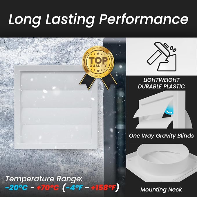 6 Inch Vent Cover - White Plastic Shutter Wall Vent Cover - Louvered Vent Cover for Outdoor - Hood Vent, Exhaust Vent for
