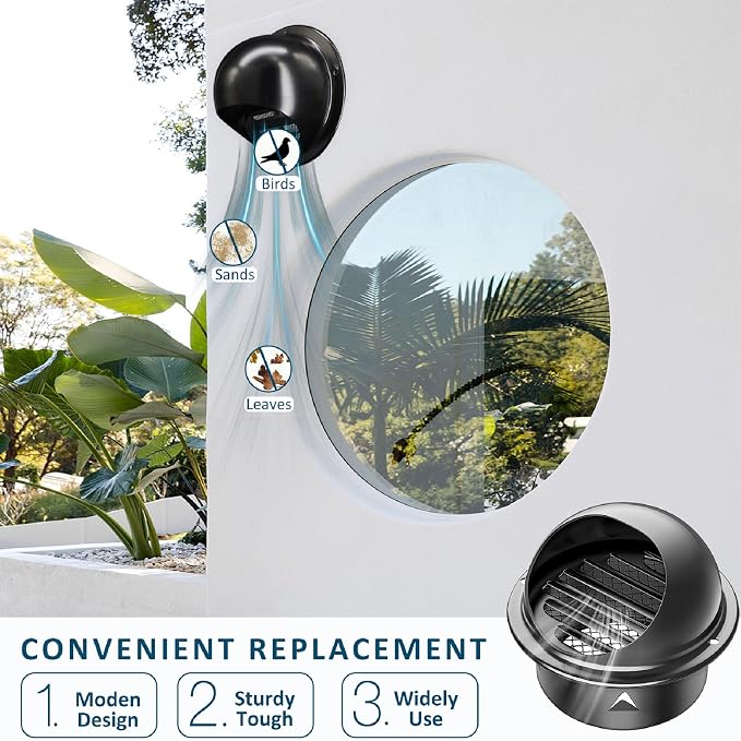6 inch Wall Air Vent Exterior, Black Paint Stainless Steel Round Wall External Cover Cap for Apartment, Villa, Flats, House