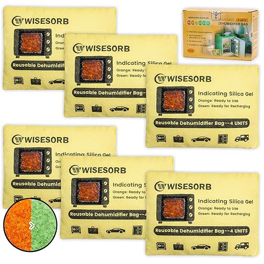 6 Pack 120G Reusable Silica Gel Desiccant Dehumidifier Bags, Color Indicating Moisture Absorbers for Car, Closet, Garage