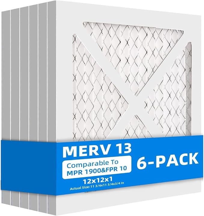 (6 Pack) 12x12x1 Furnace Air Filters, MPR 1900 & FPR 10, MERV 13 Pleated Air Filter (Actual Size: 11.75" x 11.75" x 0.75")