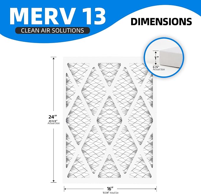 (6 Pack) 16x24x1 Air Filters, MPR 1900 & FPR 10, MERV 13 Pleated Air Filter (Actual Size: 15.75" x 23.75" x 0.75"), alternate
