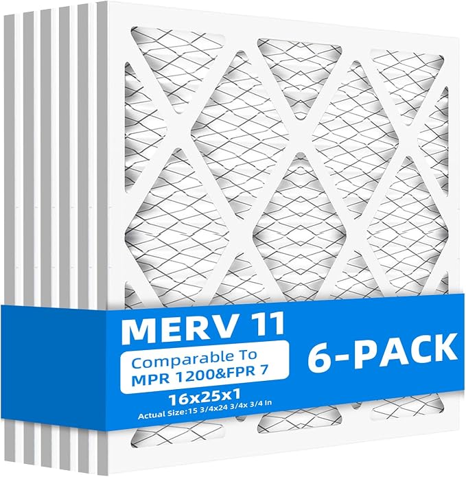 (6 Pack) 16x25x1 Air Filter, MPR 1200 & FPR 7, MERV 11 Pleated Air Filter (Actual Size: 15.75" x 24.75" x 0.75"), product