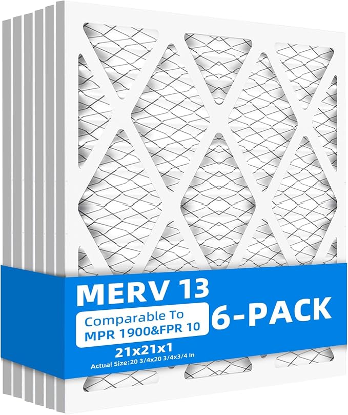 (6 Pack) 21x21x1 Air Filter, MPR 1900 & FPR 10, MERV 13 Pleated Air Filter (Actual Size: 20.75x20.75x0.75 inch), product