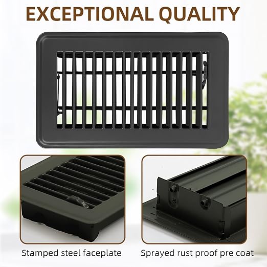6 Pack 4" x 8" Floor Register- Heavy Duty Steel Walkable Floor Vent Covers - Easy Adjust Air Supply Lever - Vent Covers for