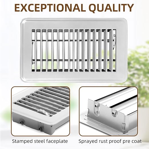 6 Pack 4 x 8 inch Floor Vent Covers - Heavy Duty Steel Walkable Floor Register - Easy Adjust Air Supply Lever - Vent Covers