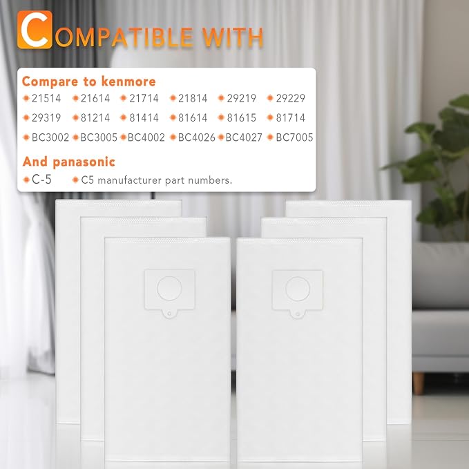 6 Pack 53292 Sears Style Q/C HEPA Cloth Vacuum Bags for Canister 5055, 50557, 50558, 53291, 21814, 81214,BC3005