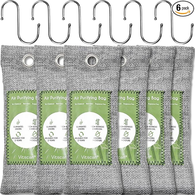 6 Pack Bamboo Charcoal Air Purifying Bag, Activated Charcoal Bags Odor Absorber, Moisture Absorber, Natural Car Air