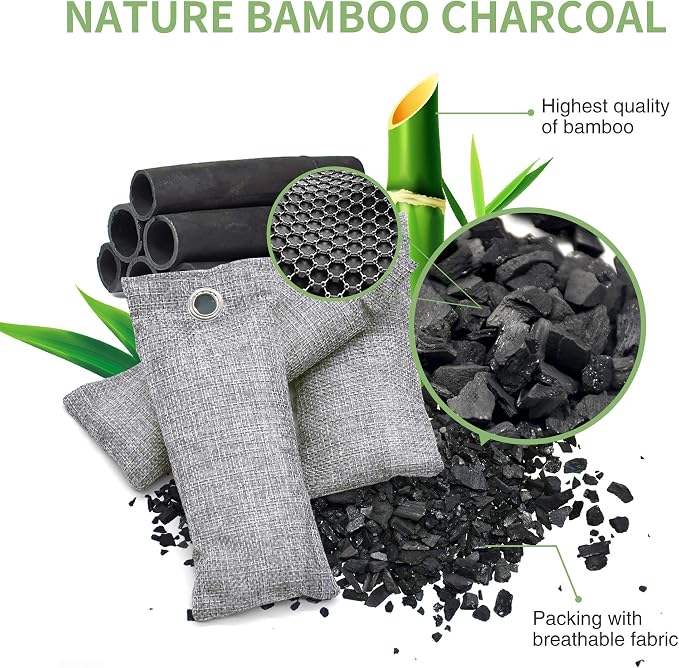 6 Pack Bamboo Charcoal Air Purifying Bag, Activated Charcoal Bags Odor Absorber, Moisture Absorber, Natural Car Air