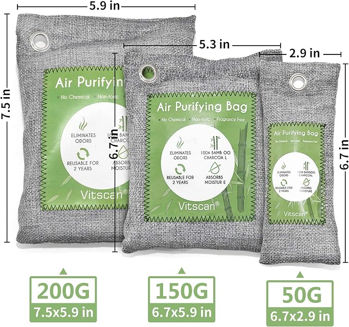 6 Pack Bamboo Charcoal Air Purifying Bag, Activated Charcoal Bags Odor Absorber, Moisture Absorber, Natural Car Air