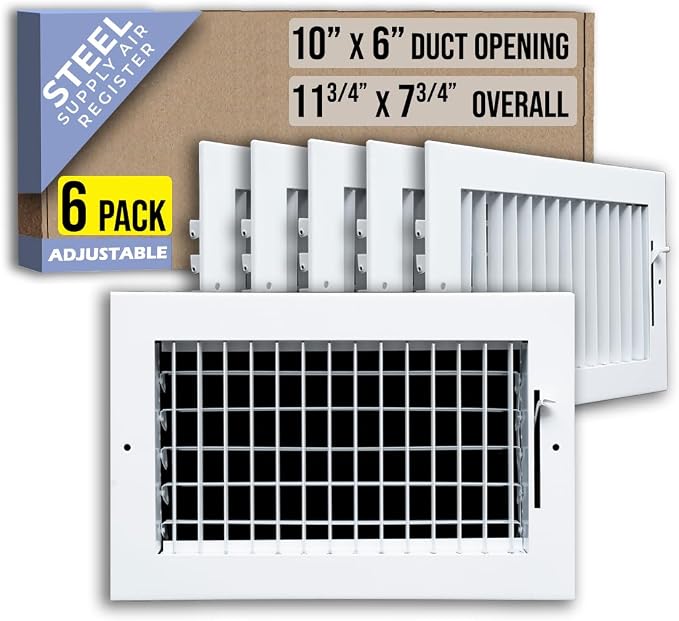 6 Pack] Fits 10x6 Duct Opening Steel Adjustable Air Supply Grille by | Register Vent Cover Grill for Sidewall and Ceiling |