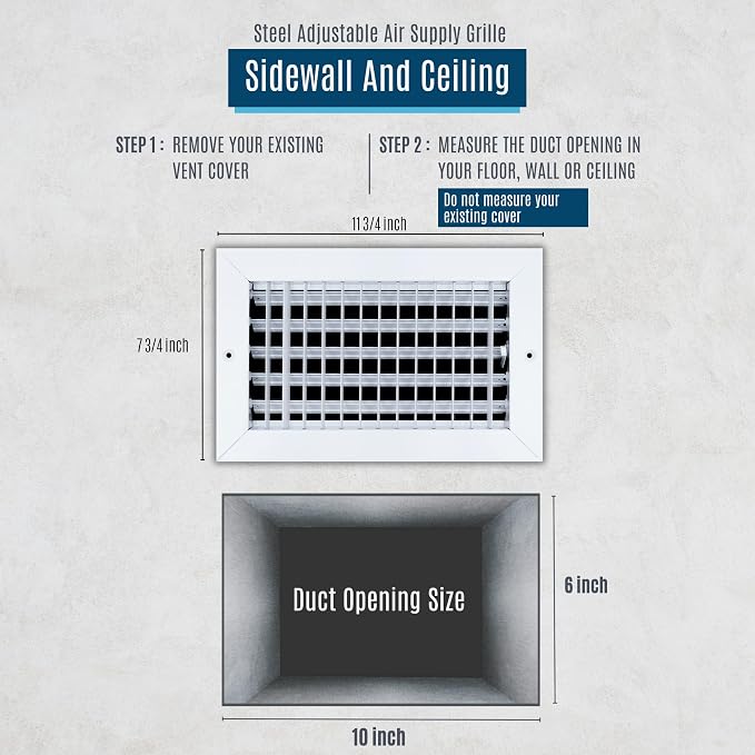 6 Pack] Fits 10x6 Duct Opening Steel Adjustable Air Supply Grille by | Register Vent Cover Grill for Sidewall and Ceiling |
