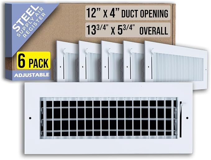 6 Pack] Fits 12x4 Duct Opening Steel Adjustable Air Supply Grille by | Register Vent Cover Grill for Sidewall and Ceiling |
