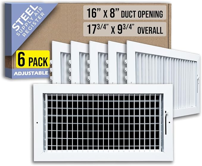 6 Pack] Fits 16x8 Duct Opening Steel Adjustable Air Supply Grille by | Register Vent Cover Grill for Sidewall and Ceiling |