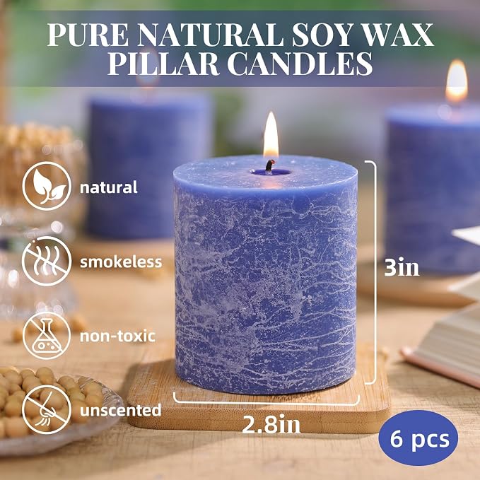 6 Pack Natural Blue Soy Pillar Candles, 2.8x3 in Hand-Poured Unscented Candles, 180 H Burn Time, made from natural materials