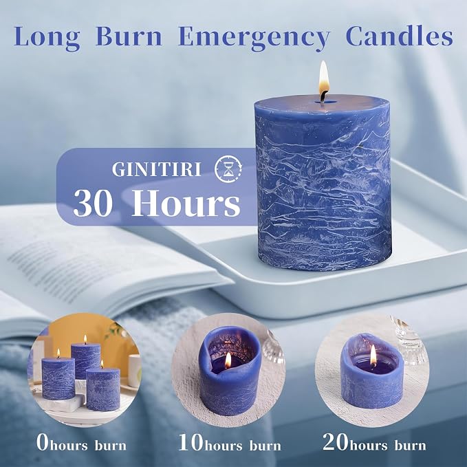 6 Pack Natural Blue Soy Pillar Candles, 2.8x3 in Hand-Poured Unscented Candles, 180 H Burn Time, made from natural materials