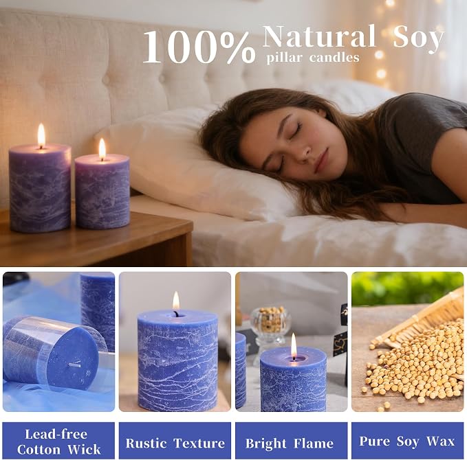 6 Pack Natural Blue Soy Pillar Candles, 2.8x3 in Hand-Poured Unscented Candles, 180 H Burn Time, made from natural materials