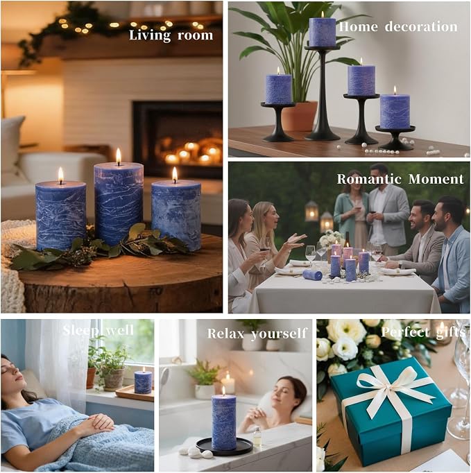 6 Pack Natural Blue Soy Pillar Candles, 2.8x3 in Hand-Poured Unscented Candles, 180 H Burn Time, made from natural materials