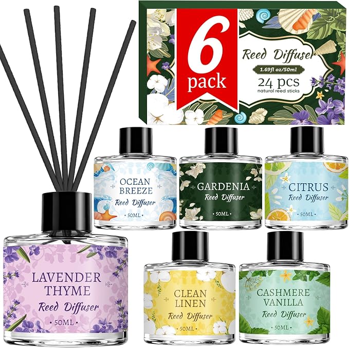 6 Pack Reed Diffuser Sets, Essential Oil Reed Diffusers for Home with 24 Sticks, Long Lasting Scent, product image