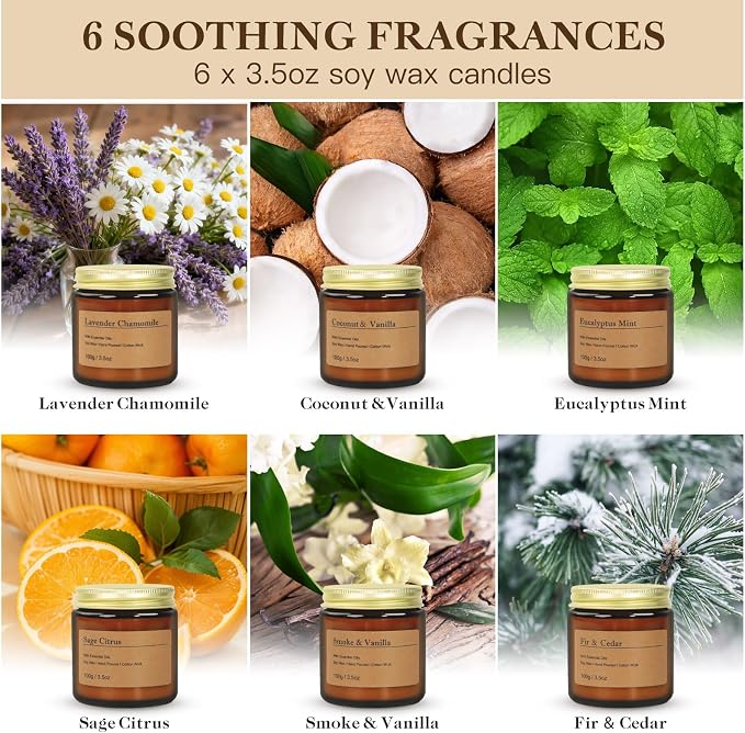 6-Pack Scented Candles for Home, 3.5 Oz Soy Wax Candles Gift Set with Lavender Chamomile & Eucalyptus Mint for Brithday