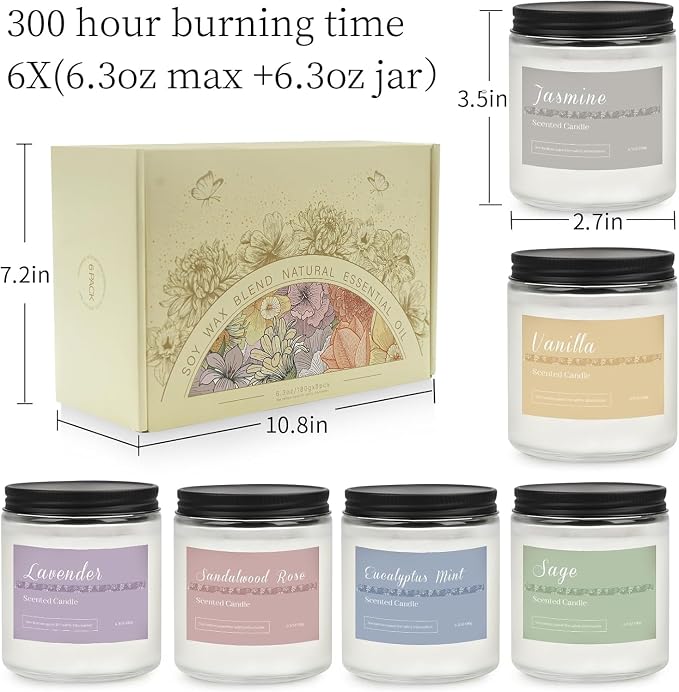 6 Pack Scented Candles Gift Set, Long Lasting Aromatherapy Candles for Home, 37.8 oz 300 Hour Burn, alternate product view 8